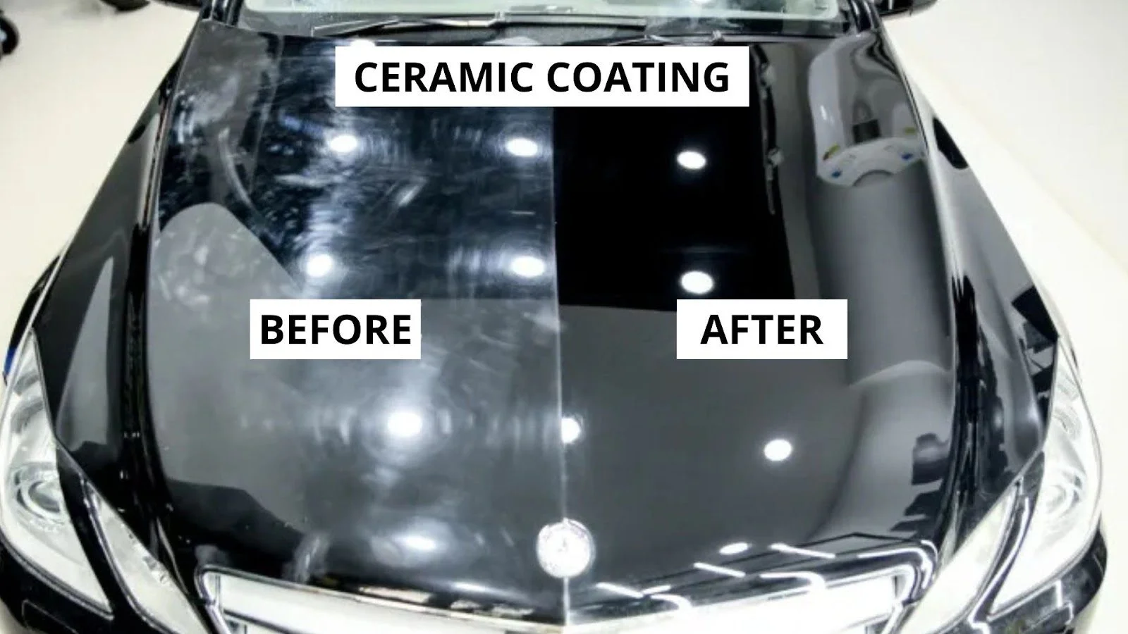 Ceramic coating before and after on a black car detailed at End2End Collision Toronto